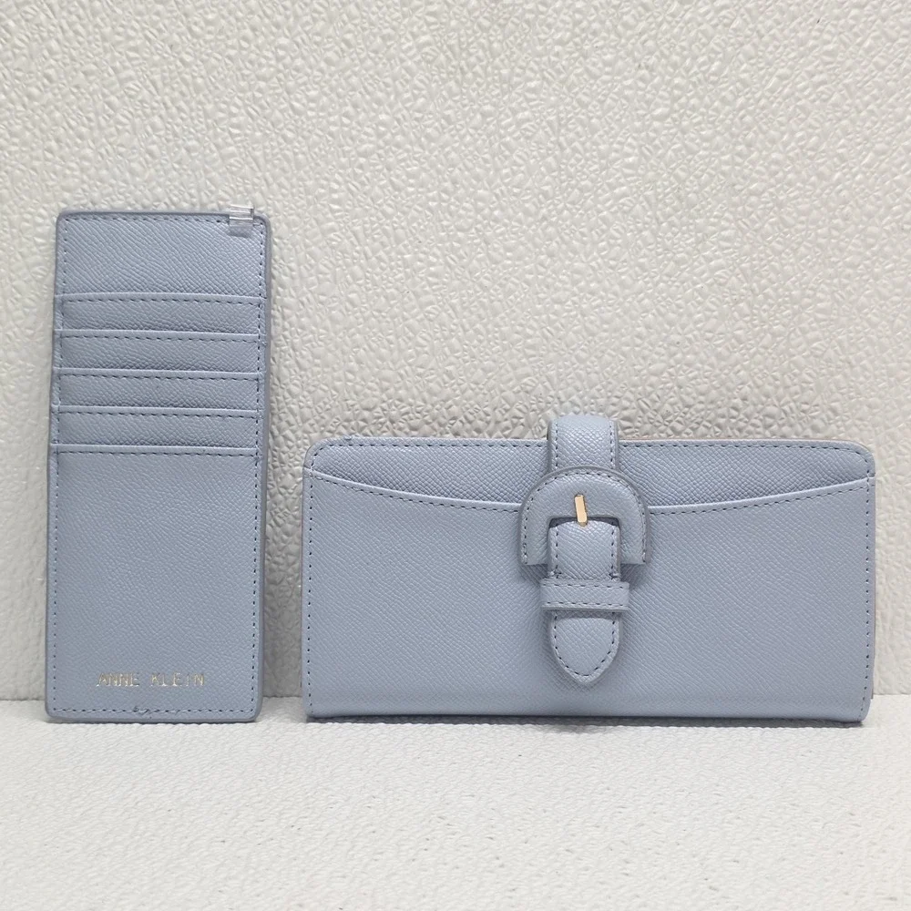 Anne Klein Blue Faux Leather Buckle Closure Clutch Wallet & Card Sleeve